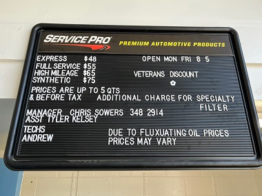 Oil Change Pricing Sign